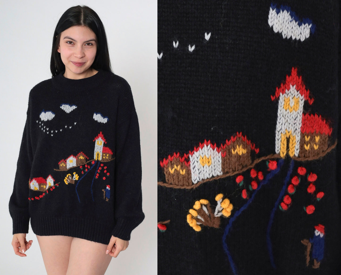 80s Lilly of California Country Village Sweater Black Knit Crewneck Medium