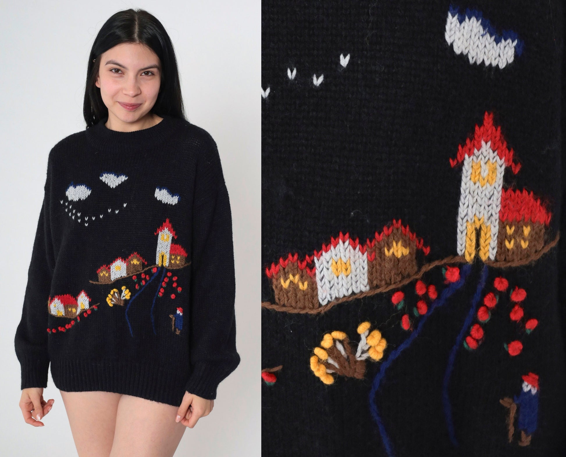 80s Lilly of California Country Village Sweater Black Knit Crewneck Medium