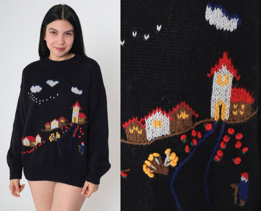 80s Lilly of California Country Village Sweater Black Knit Crewneck Medium