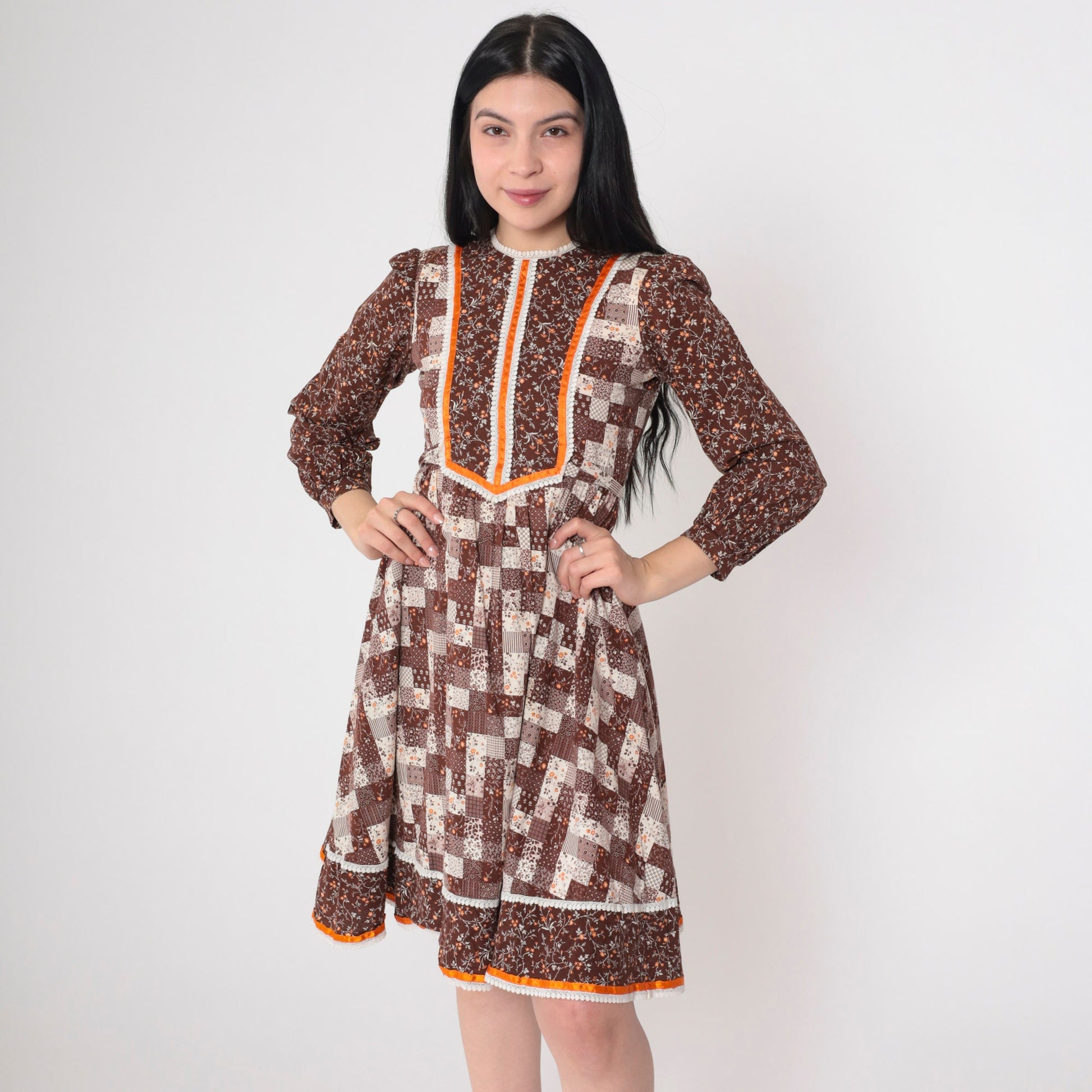 70s Calico Floral Mini Dress Puff Sleeve Brown – Shopexile
