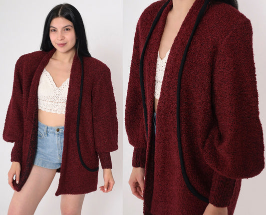 80s Wine Nubby Knit Cardigan Open Front Shoulder Pads Pockets Medium