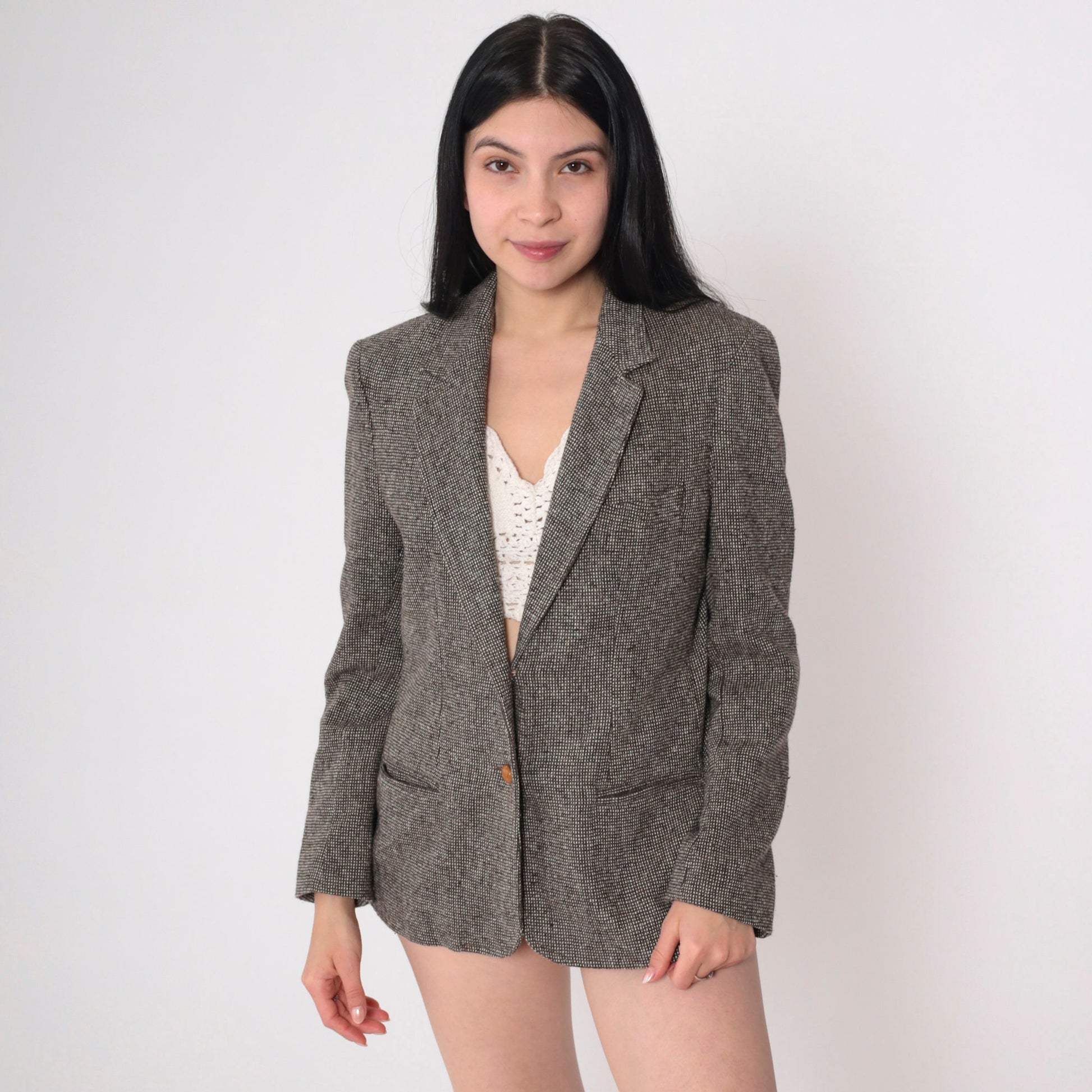 Oscar De La Renta 80s Checkered Blazer Brown V-Neck Tailored Medium