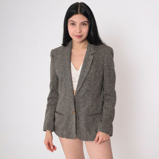 Oscar De La Renta 80s Checkered Blazer Brown V-Neck Tailored Medium