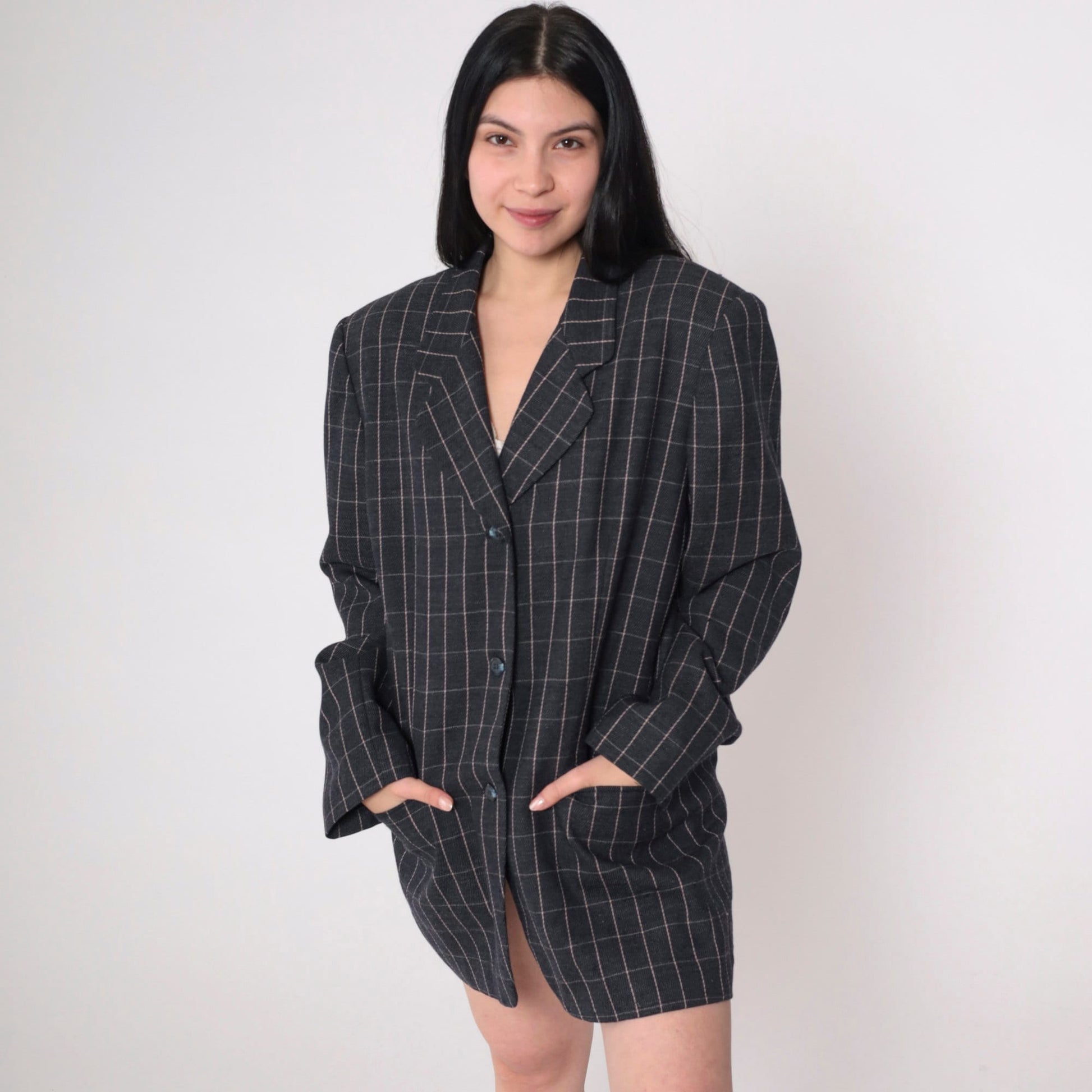 90s Amanda Smith Wool Blazer Charcoal Checkered Button-Up Extra Large