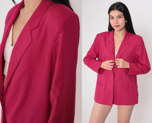 80s Fuchsia Pink Blazer Button-Up Jacket Single Breasted Medium M