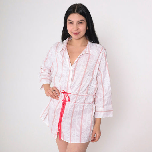 00s Striped Button-Up Blouse Y2K White Red Silver Drawstring Waist Petite Large