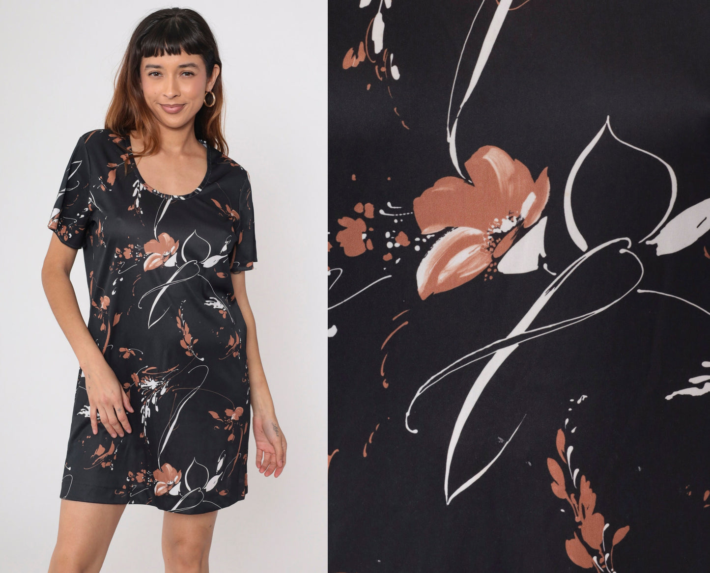 70s Black Floral Abstract Shift Dress Mini Scoop Neck Short Sleeve Medium Large