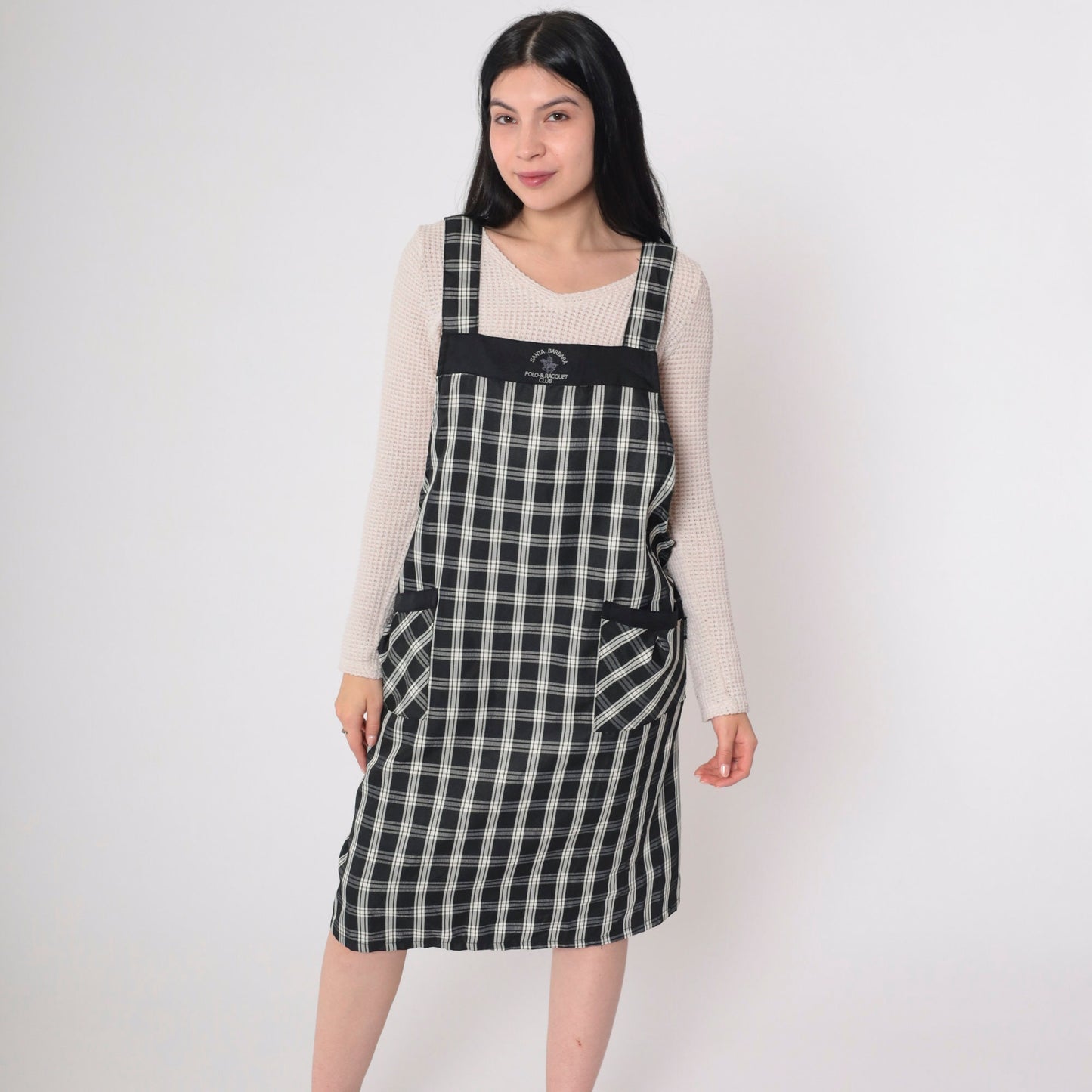 Y2K Santa Barbara Polo Plaid Apron Dress Black White Checkered Mini Open Back Small