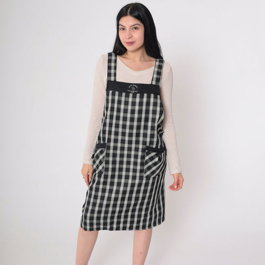 Y2K Santa Barbara Polo Plaid Apron Dress Black White Checkered Mini Open Back Small