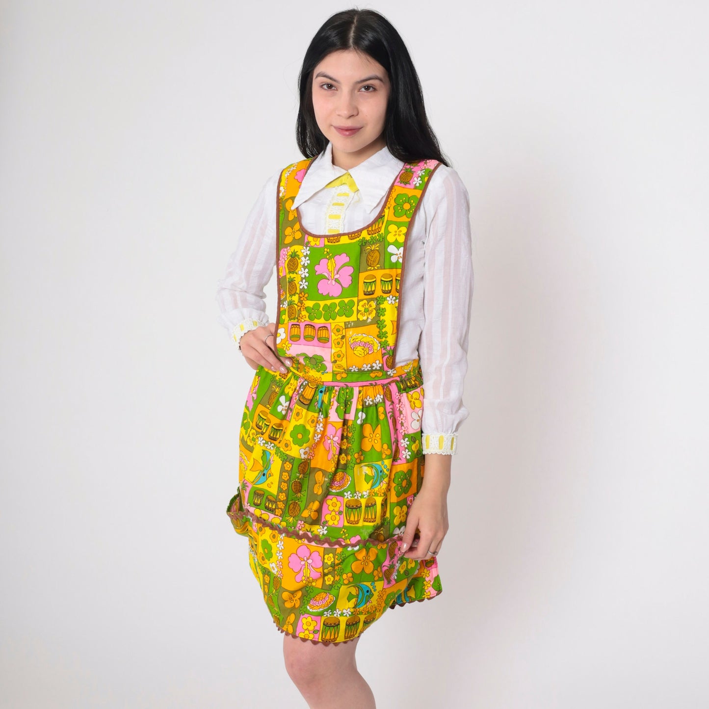70s Tropical Floral Fish Pineapple Print Apron Dress Open Back Extra Small