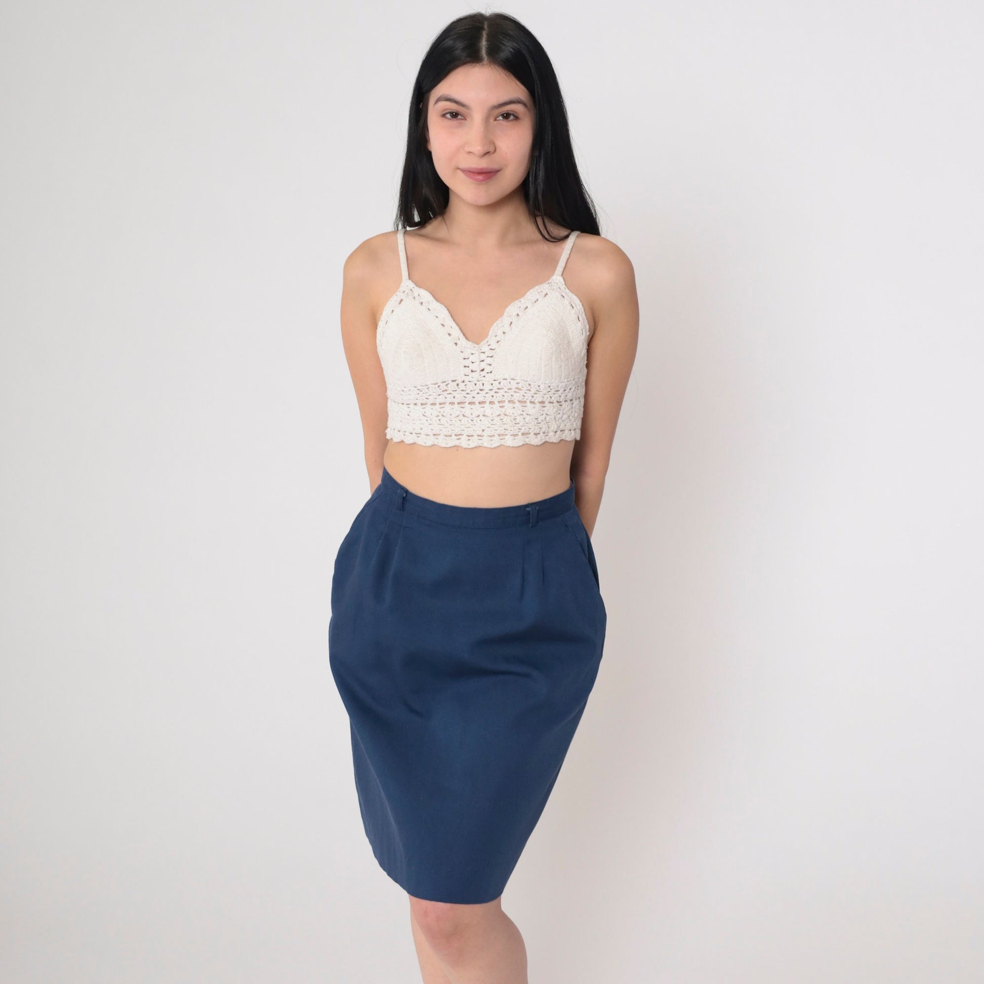 70s John Meyer Navy Pleated Mini Skirt High Waist Straight Cut Extra Small