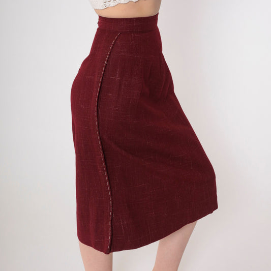 80s Dark Rust Red Midi Skirt High Waist Checkered Topstitch XXS
