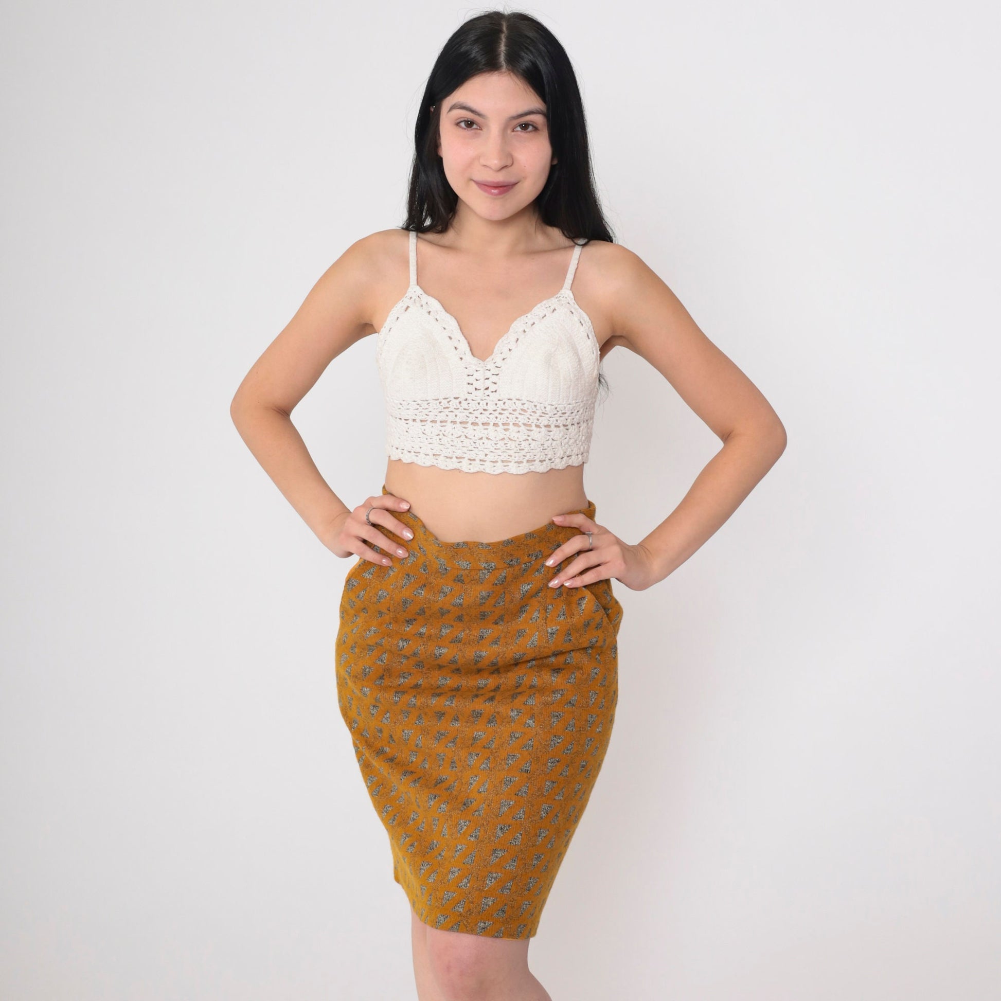 80s Orange Metallic Triangle Wool Blend Mini Pencil Skirt High Waist Small