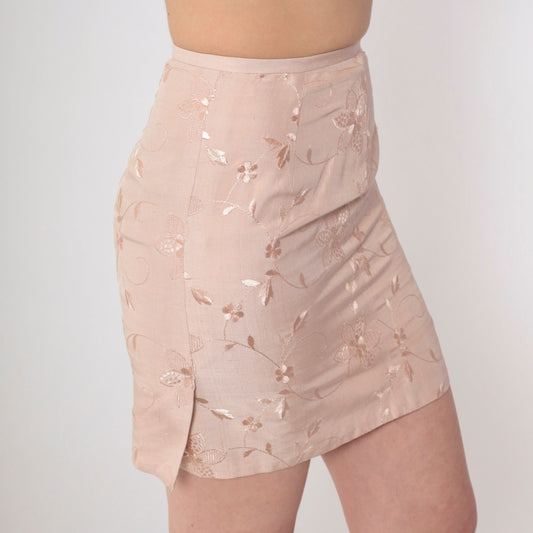 90s Embroidered Floral Mini Skirt Beige High Waisted Pencil Side Slit Extra Small