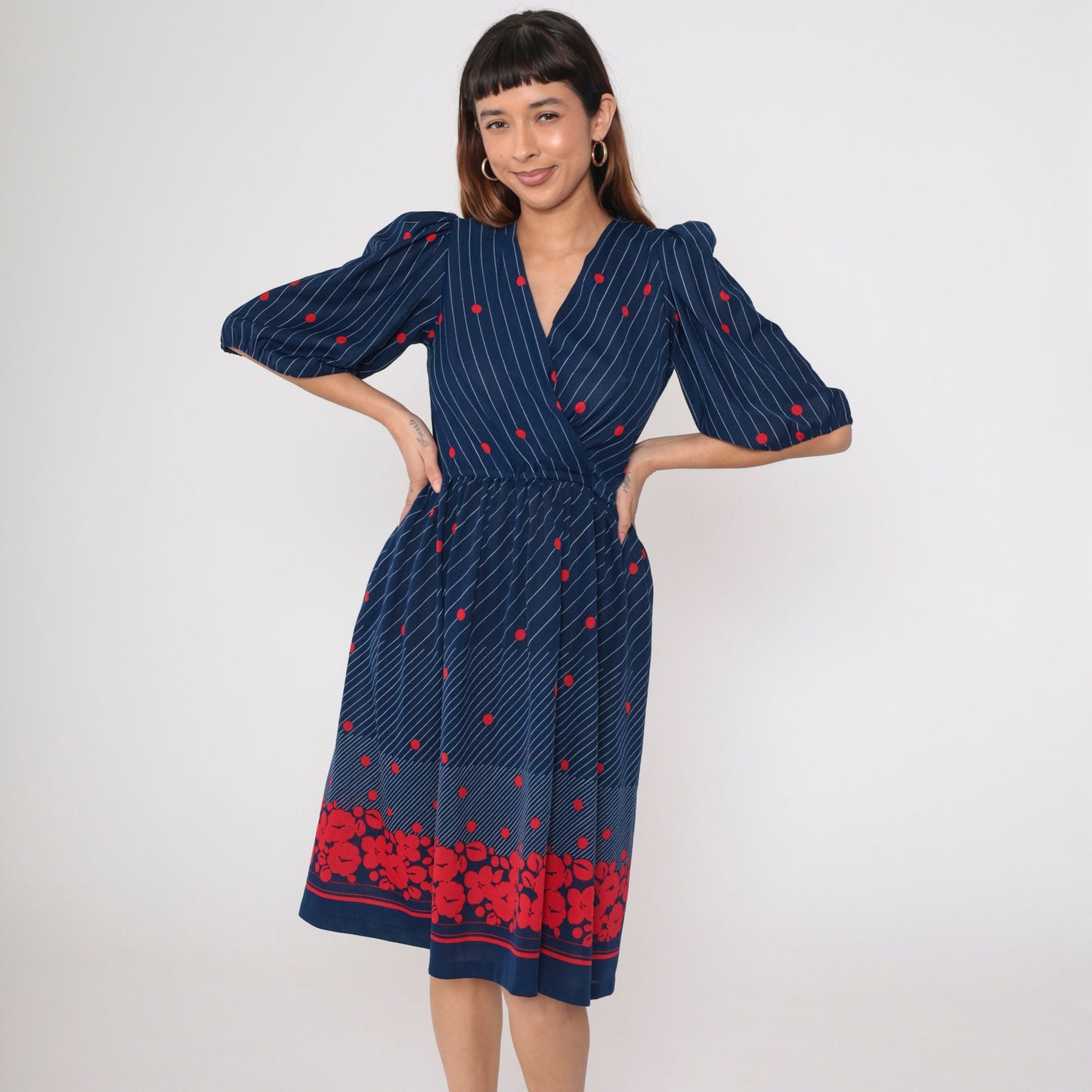 70s Navy Midi Wrap Dress Puff Sleeve Floral Polka Dot Striped Small