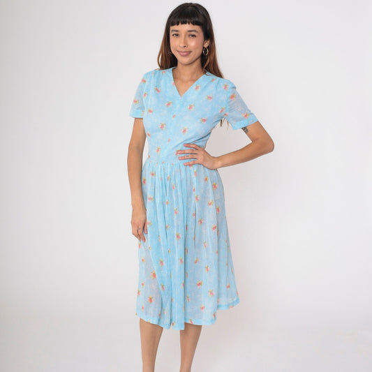60s Blue Floral Midi Dress High Waisted V Neck Fit and Flare Small