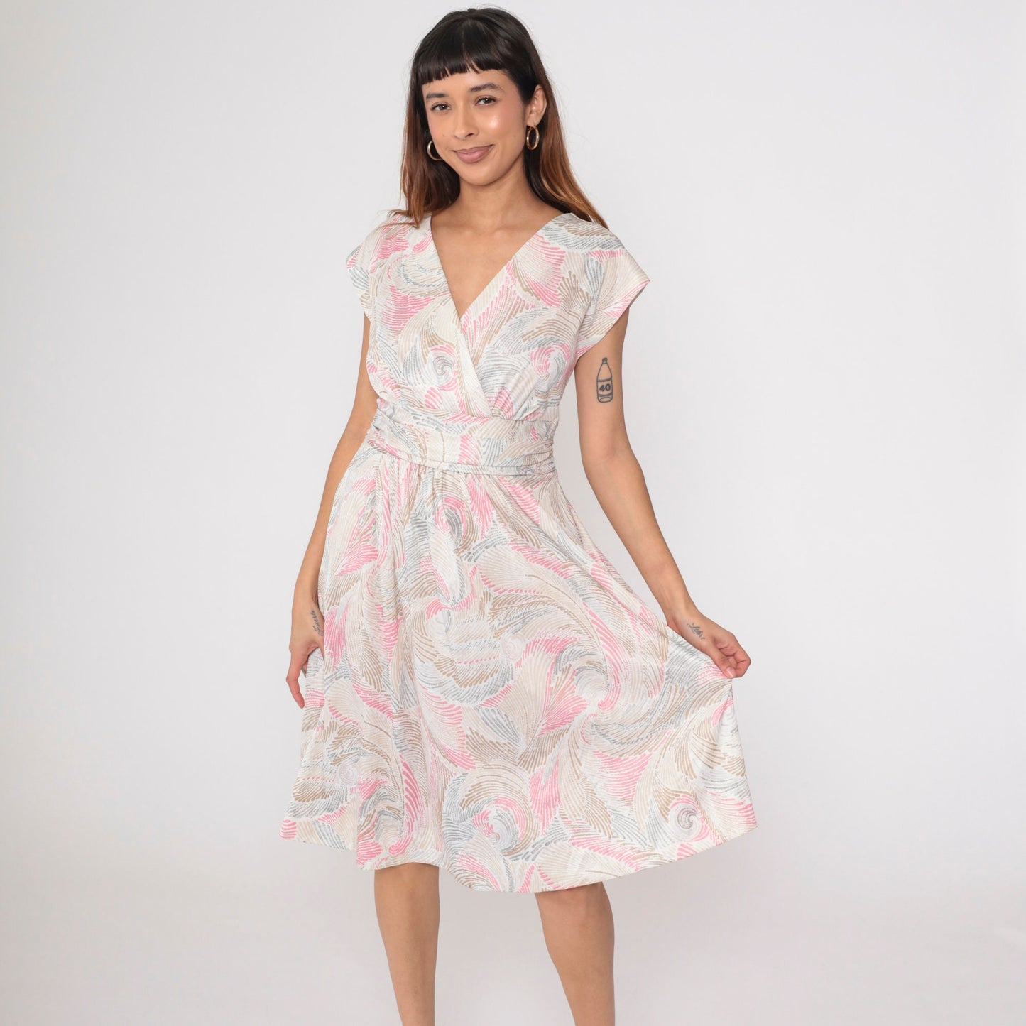 70s Wrap Dress Swirl Print Midi V-Neck High Waist Cap Sleeve White Pink Tan Medium