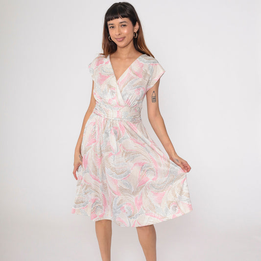70s Wrap Dress Swirl Print Midi V-Neck High Waist Cap Sleeve White Pink Tan Medium