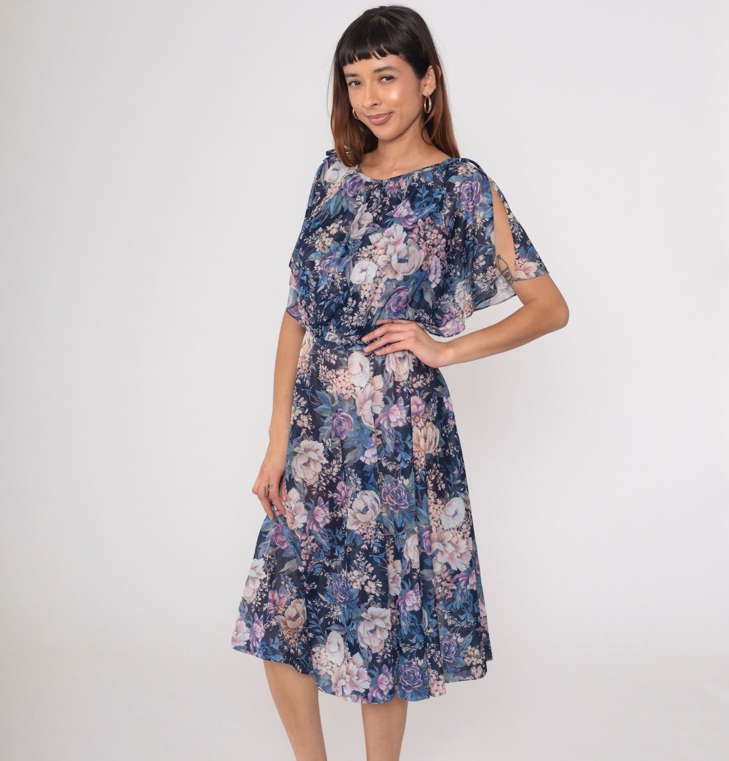 70s Navy Floral Midi Dress Split Flutter Sleeve High Waist Small Medium