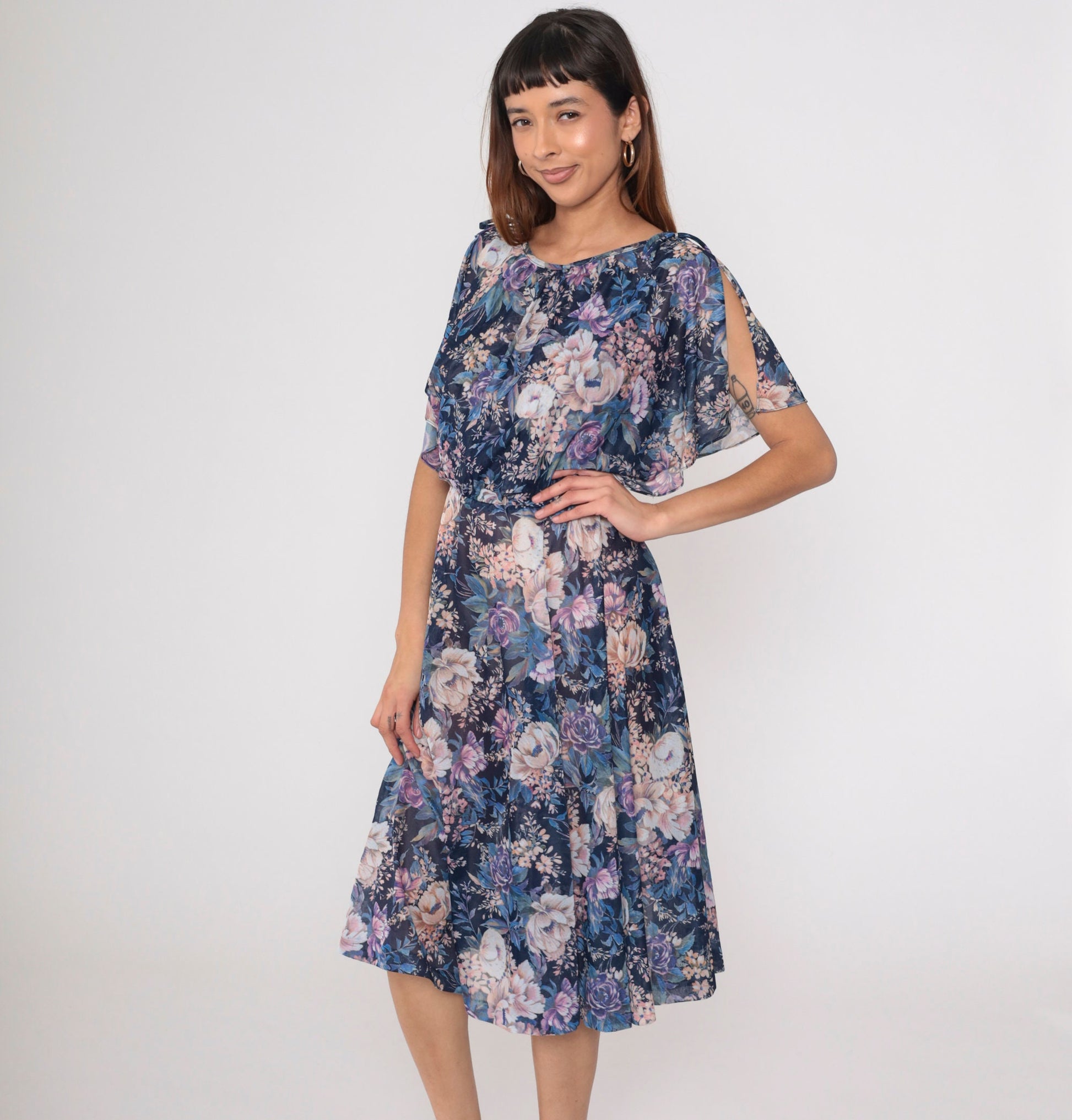 70s Navy Floral Midi Dress Split Flutter Sleeve High Waist Small Medium