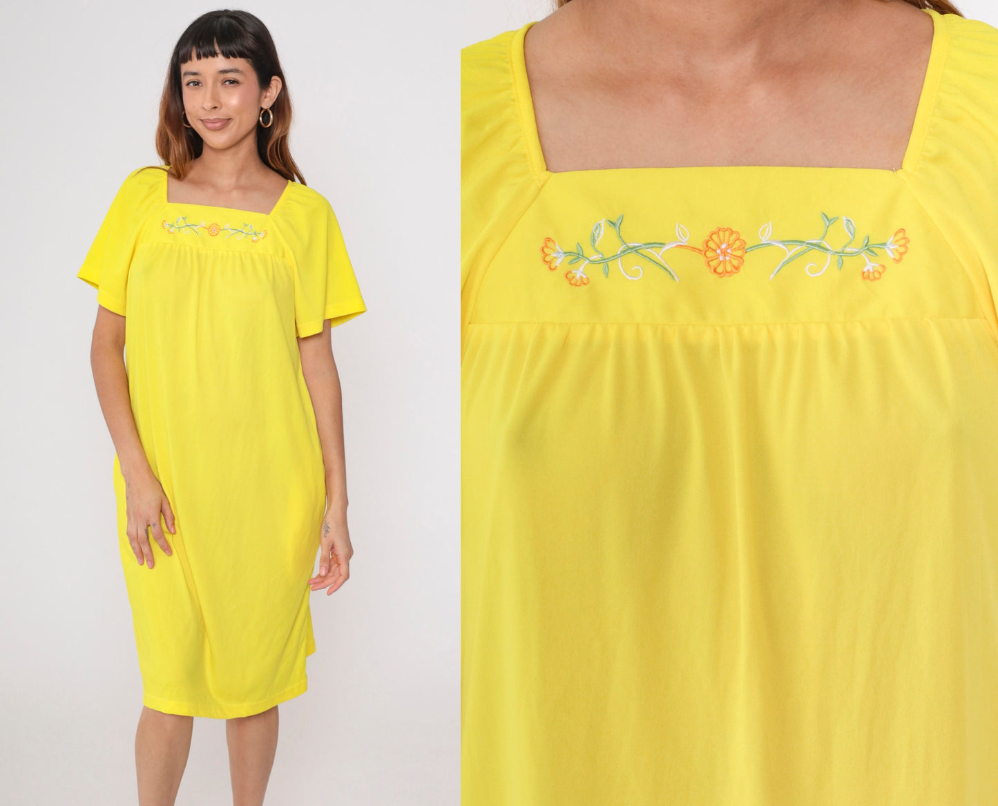 90s Yellow Floral Embroidered Midi Dress Short Sleeve Pockets Small S