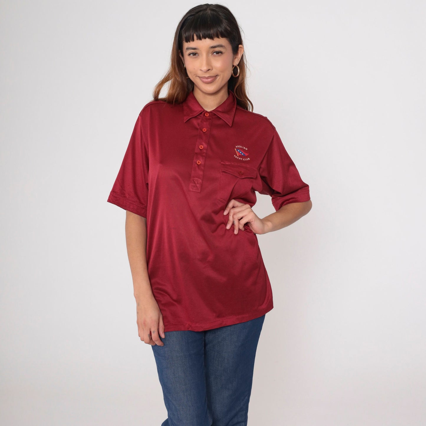 80s Aeolian Yacht Club Polo Shirt Alameda California Embroidered Dark Red Large