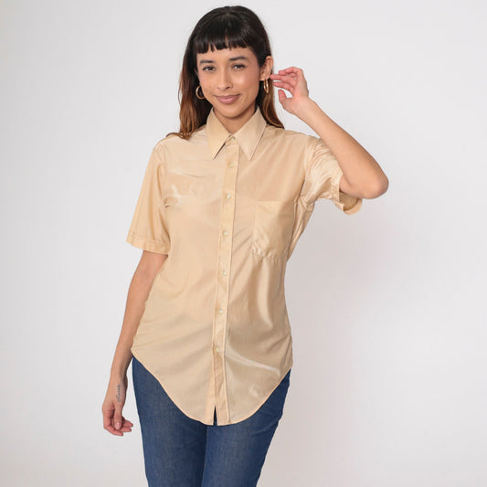 70s Tarleton Shimmery Beige Button-Up Shirt Dagger Collar Short Sleeve Men's 15