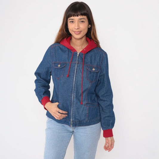 90s Forenza Hooded Denim Jacket Blue Red Sweatshirt Hood Zip Medium