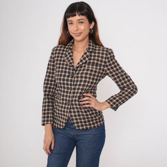 90s Petite Sophisticate Black Tan Checkered Wool Blazer Button-Up Jacket Extra Small