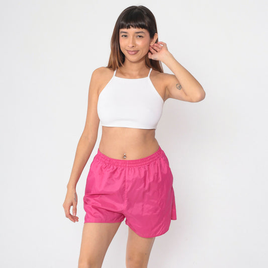 90s Hot Pink Nylon Gym Shorts High Waist Elastic Waist Small Medium