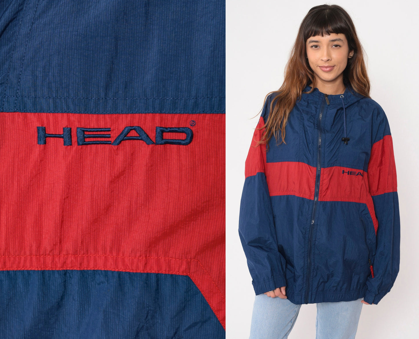 90s Head Hooded Windbreaker Navy Blue Red Color Block Large