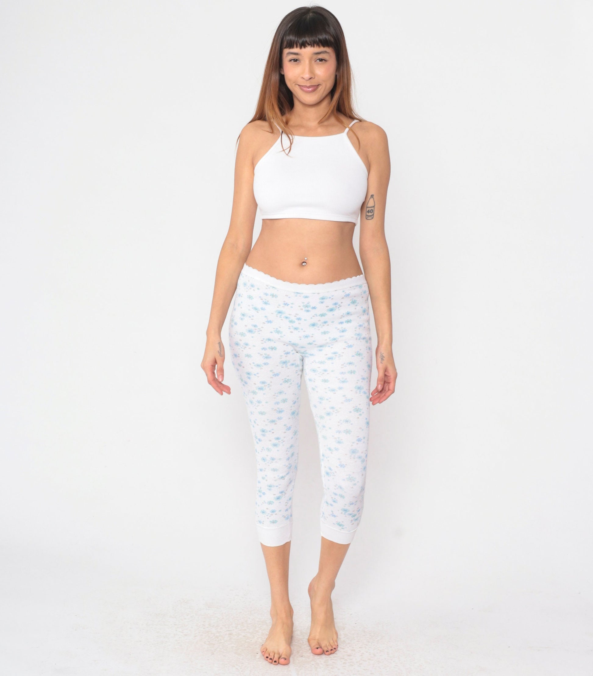 80s Floral Waffle Knit Thermal Capri Pants White Blue Print Medium