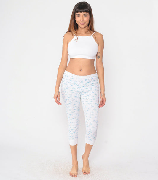 80s Floral Waffle Knit Thermal Capri Pants White Blue Print Medium