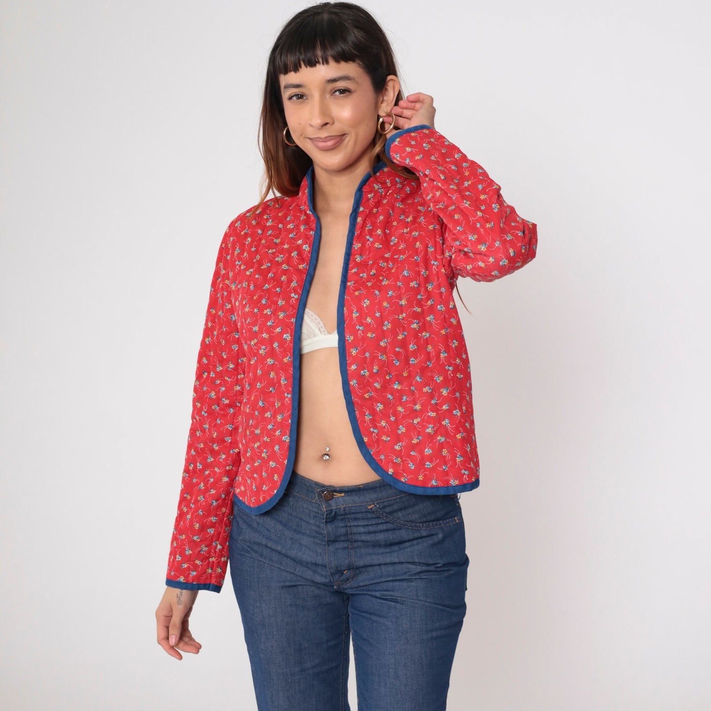 70s Fritzi Quilted Jacket Red Calico Floral Puff Sleeve Mandarin Collar Medium