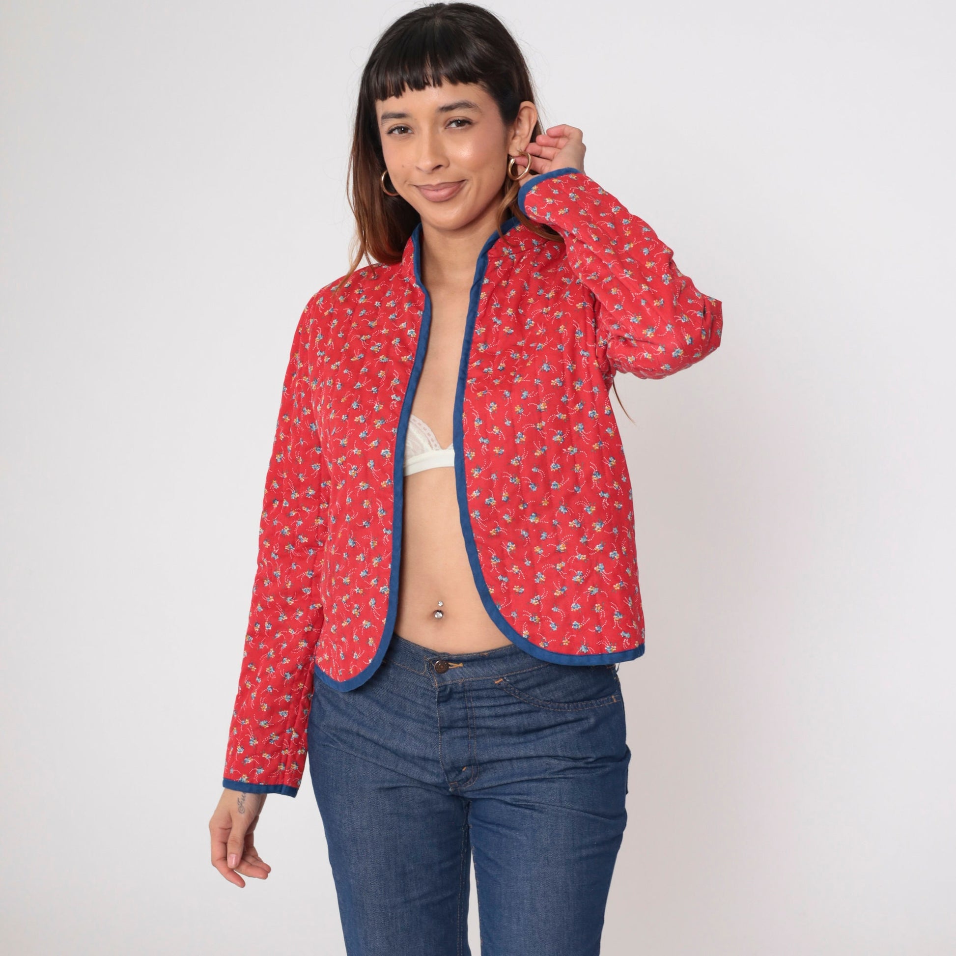 70s Fritzi Quilted Jacket Red Calico Floral Puff Sleeve Mandarin Collar Medium
