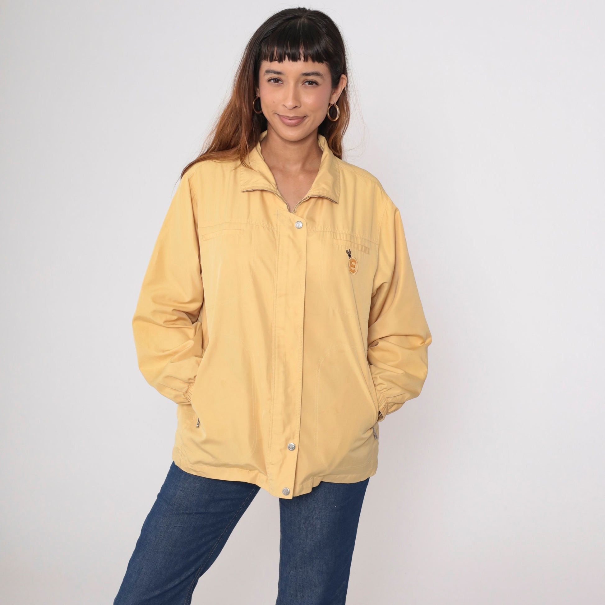 90s Yellow Windbreaker Jacket E Patch Zip Up Large