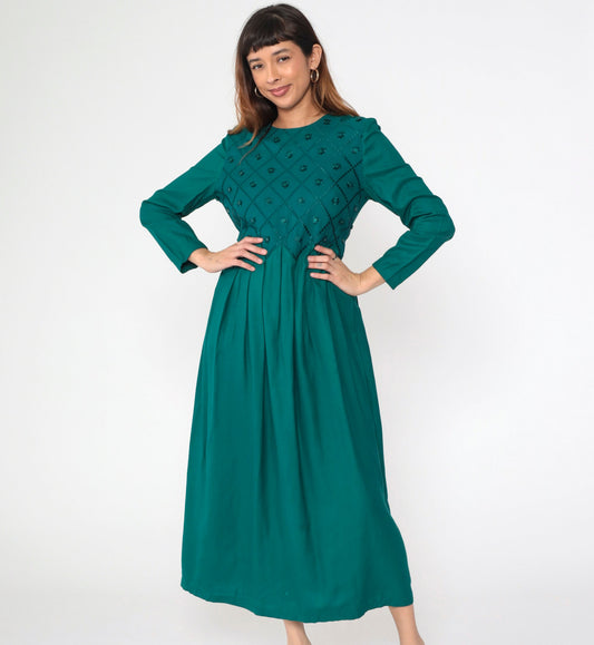 90s Green Floral Embroidered Maxi Dress Long Sleeve Star Buttons Small 6