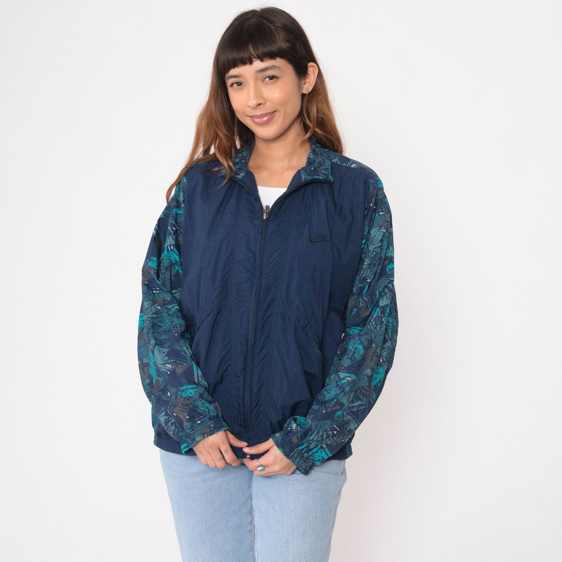 90s Nike Windbreaker Jacket Navy Abstract Print Nylon Zip Jacket Medium