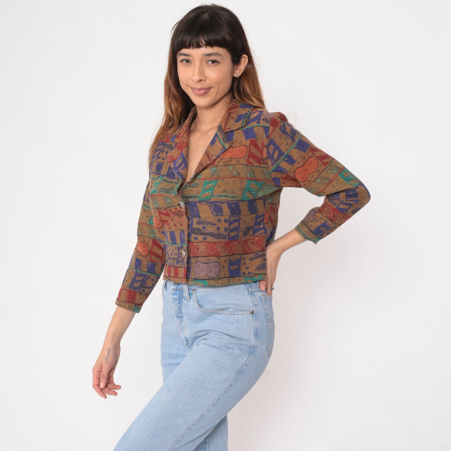 90s Tapestry Blazer Cropped Abstract Geometric Mustard Yellow Purple Extra Small