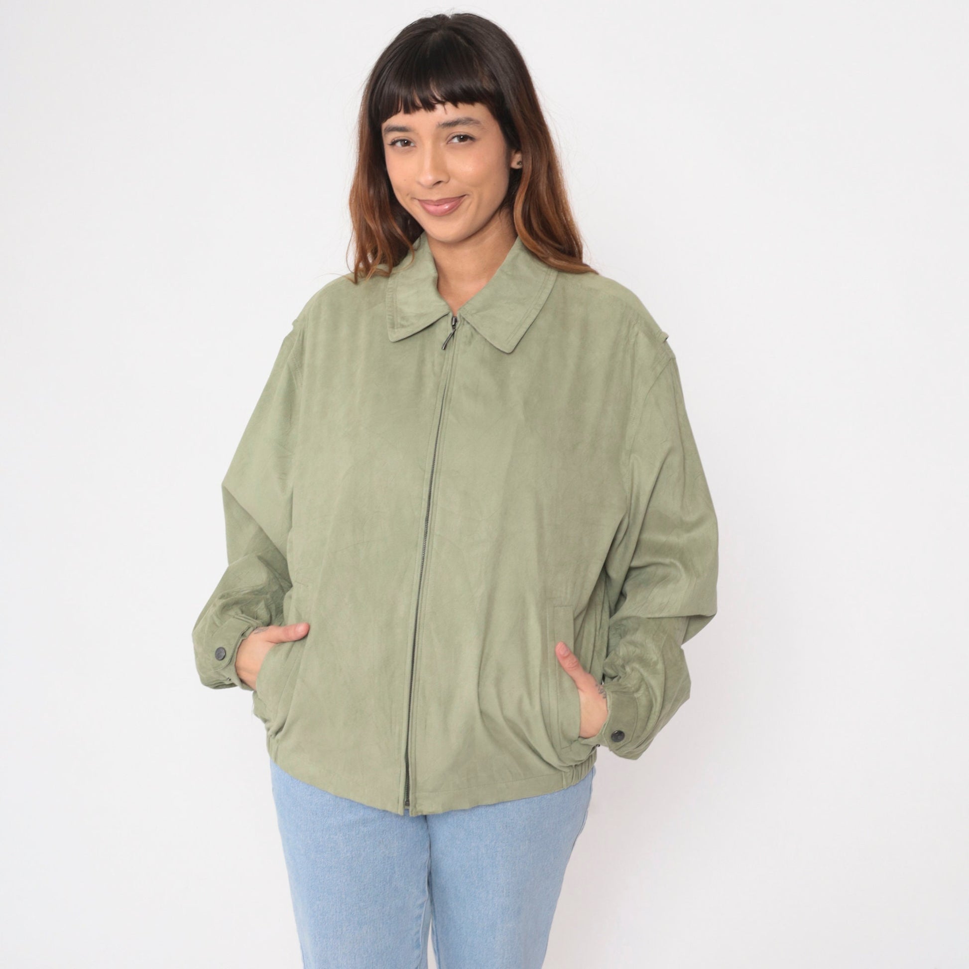 90s Newport Harbor Faux Suede Zip Jacket Light Green Collared Windbreaker Extra Large XXL