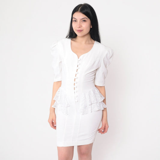 80s Young Edwardian White Lace Peplum Mini Dress Puff Sleeve Extra Small