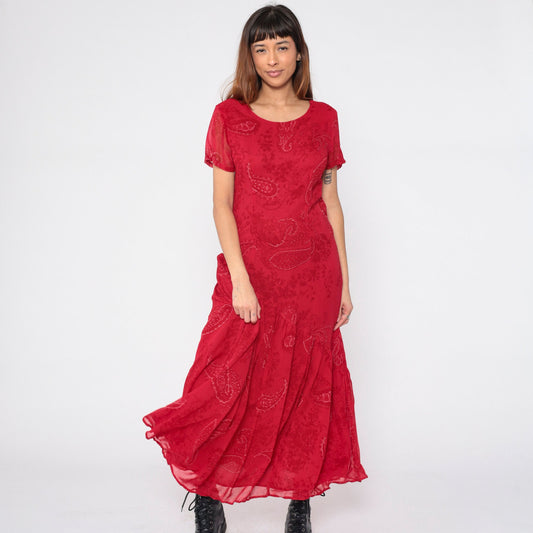 90s Red Paisley Maxi Dress Asymmetrical Drop Waist Short Sleeve Medium