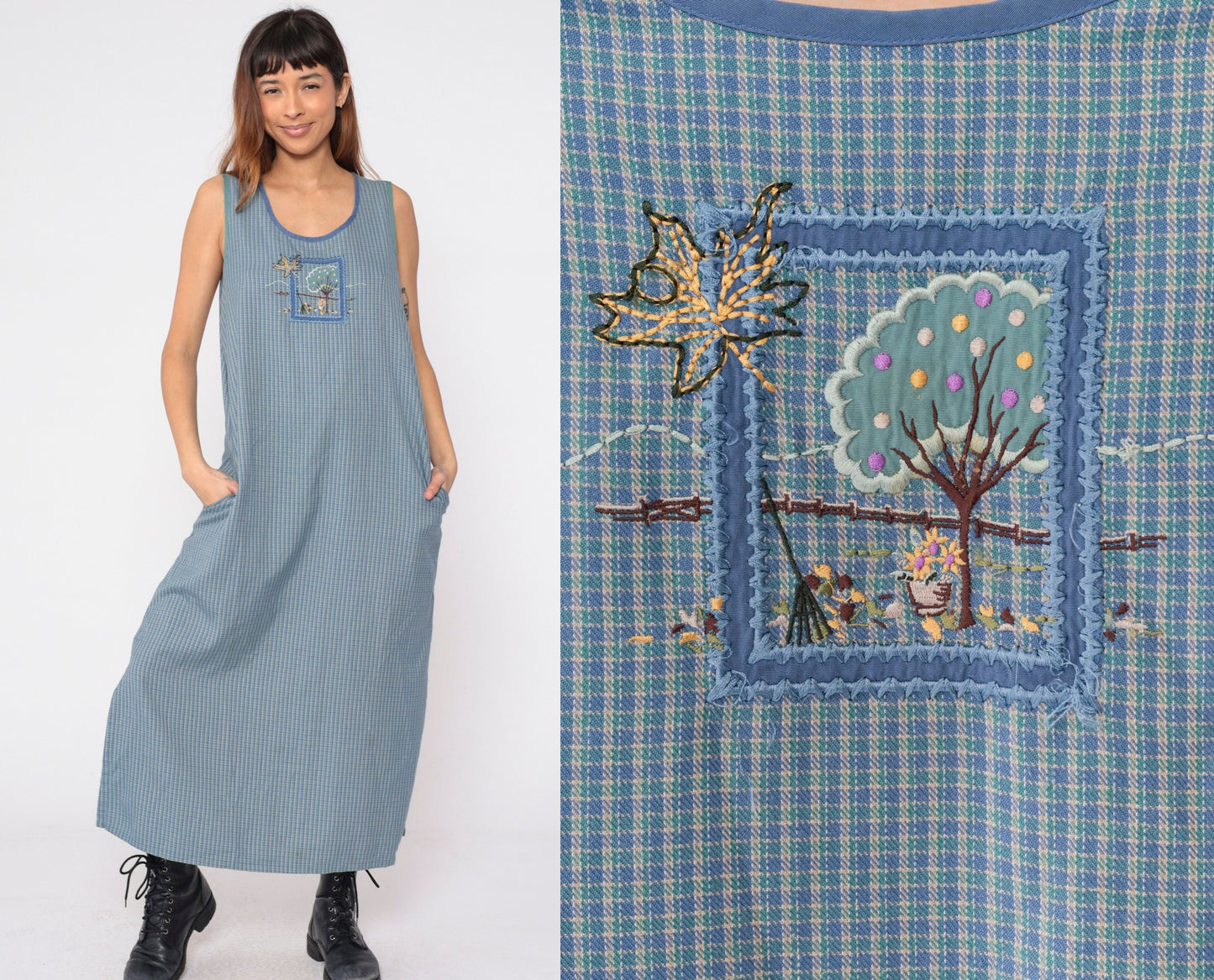 90s Blue Checkered Maxi Dress Embroidered Autumn Tree Sleeveless Pockets Large L