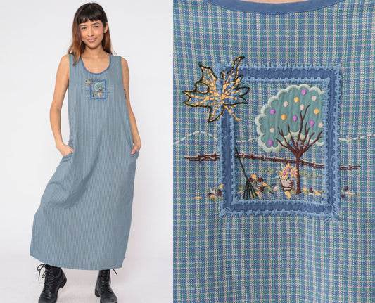 90s Blue Checkered Maxi Dress Embroidered Autumn Tree Sleeveless Pockets Large L