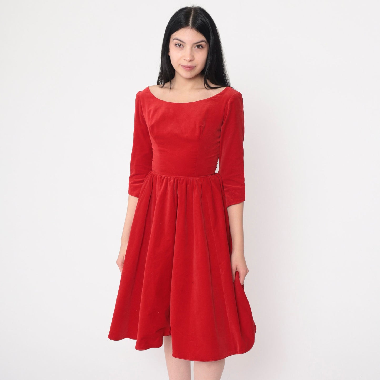 1960s Red Velvet Party Dress High Waist Fit and Flare 3/4 Sleeve Extra Small