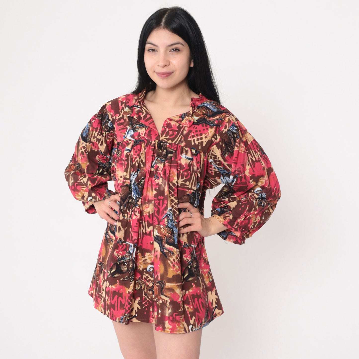 70s Rodeo Print Balloon Sleeve Blouse Red Tent Cut Slit Neckline Large L