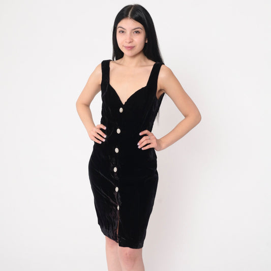 90s Rampage Black Velvet Mini Dress Sweetheart Neckline Button Front Medium