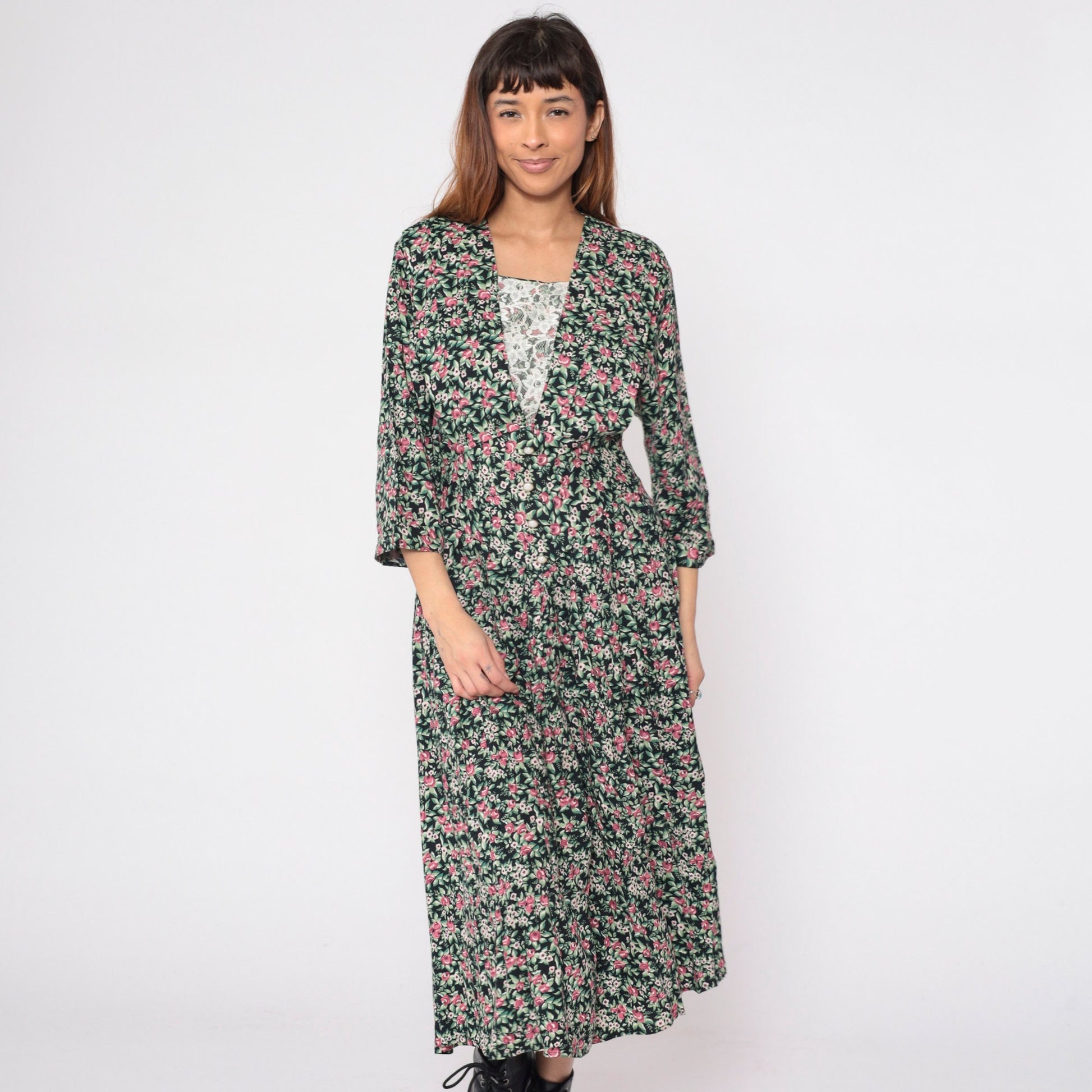 90s Maggie Lawrence Black Floral Midi Dress Basque Waist Lace V-Neck Small S
