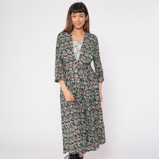 90s Maggie Lawrence Black Floral Midi Dress Basque Waist Lace V-Neck Small S
