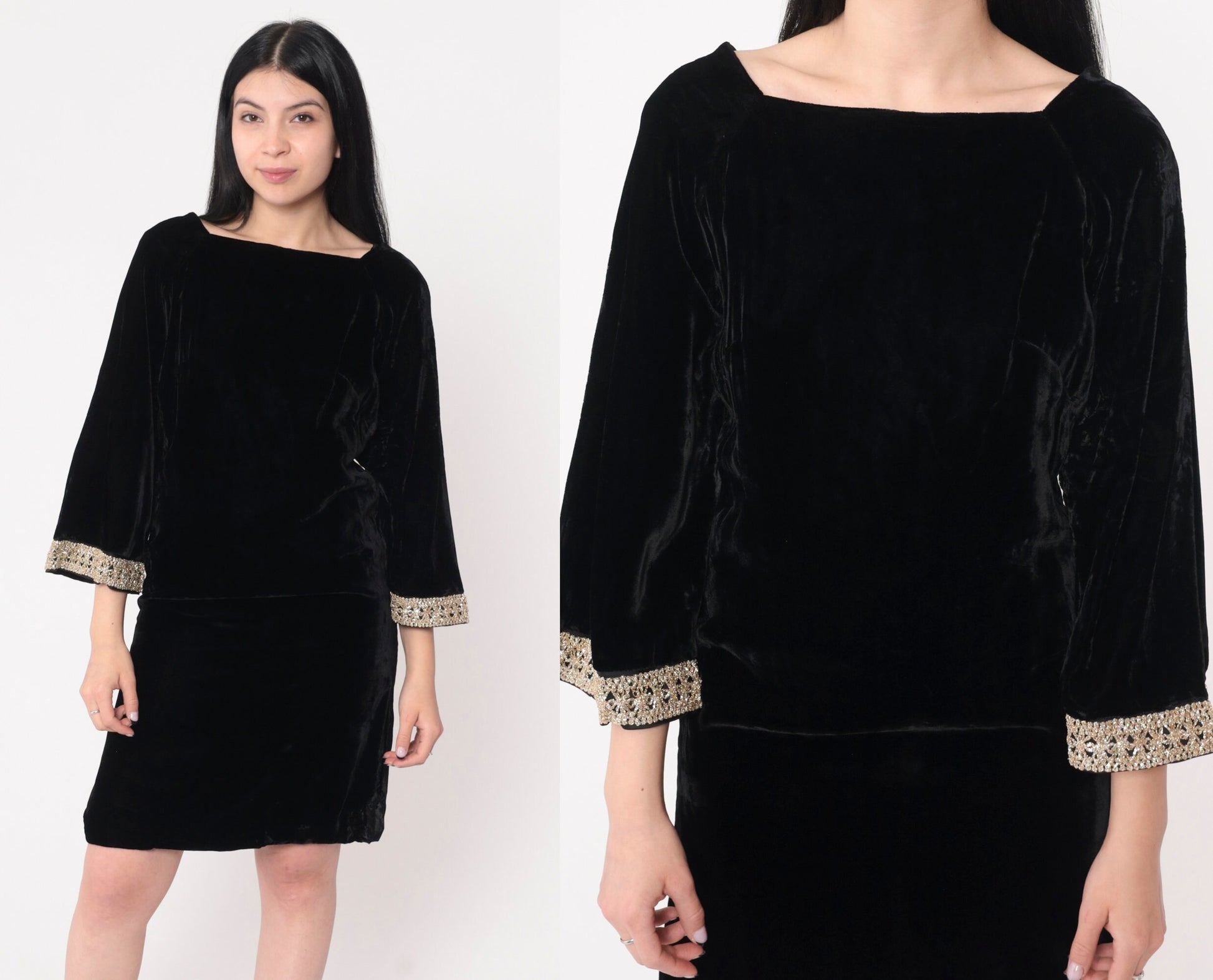 60s Black Velvet Mini Dress Metallic Bell Sleeve Shift Square Neckline Small